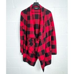 Lauren Ralph Lauren Red Black Buffalo Plaid 100% Wool Open Front Cardigan Medium